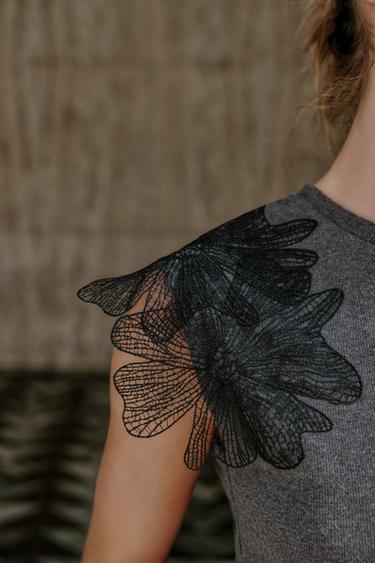RIBBED FLORAL TOP - Grey by Zara - Image 3