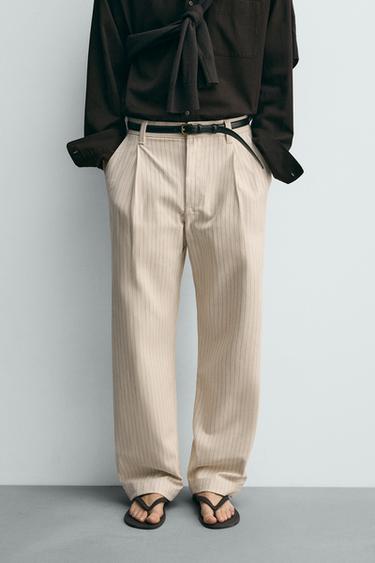 Zara RELAXED FIT PINSTRIPE CHINO PANTS - Ecru