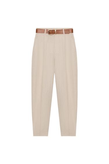 PANTALÓN CON LINO PINZAS CINTURÓN - Beige claro de Zara
