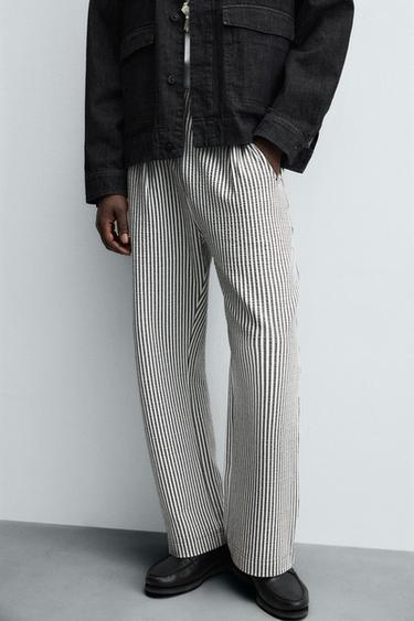 COMFORT STRIPED SEERSUCKER TROUSERS - Blue/White by Zara