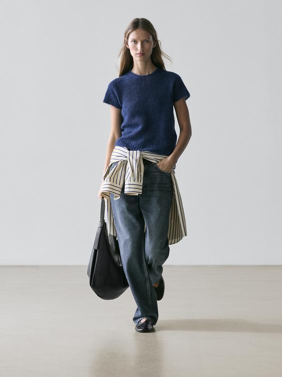 Short sleeve knit alpaca blend sweater