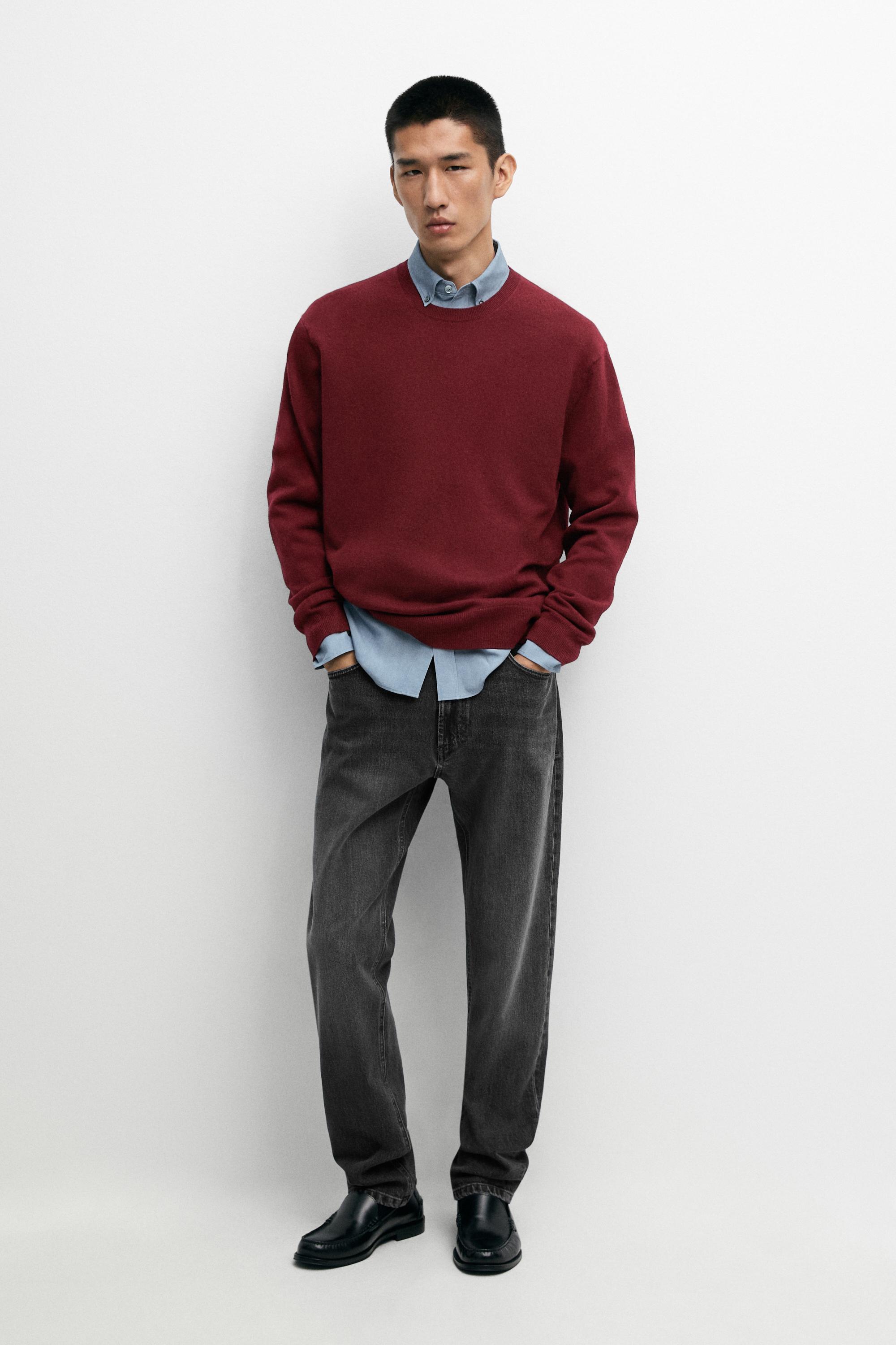 100% cashmere round neck knit sweater — Dark red