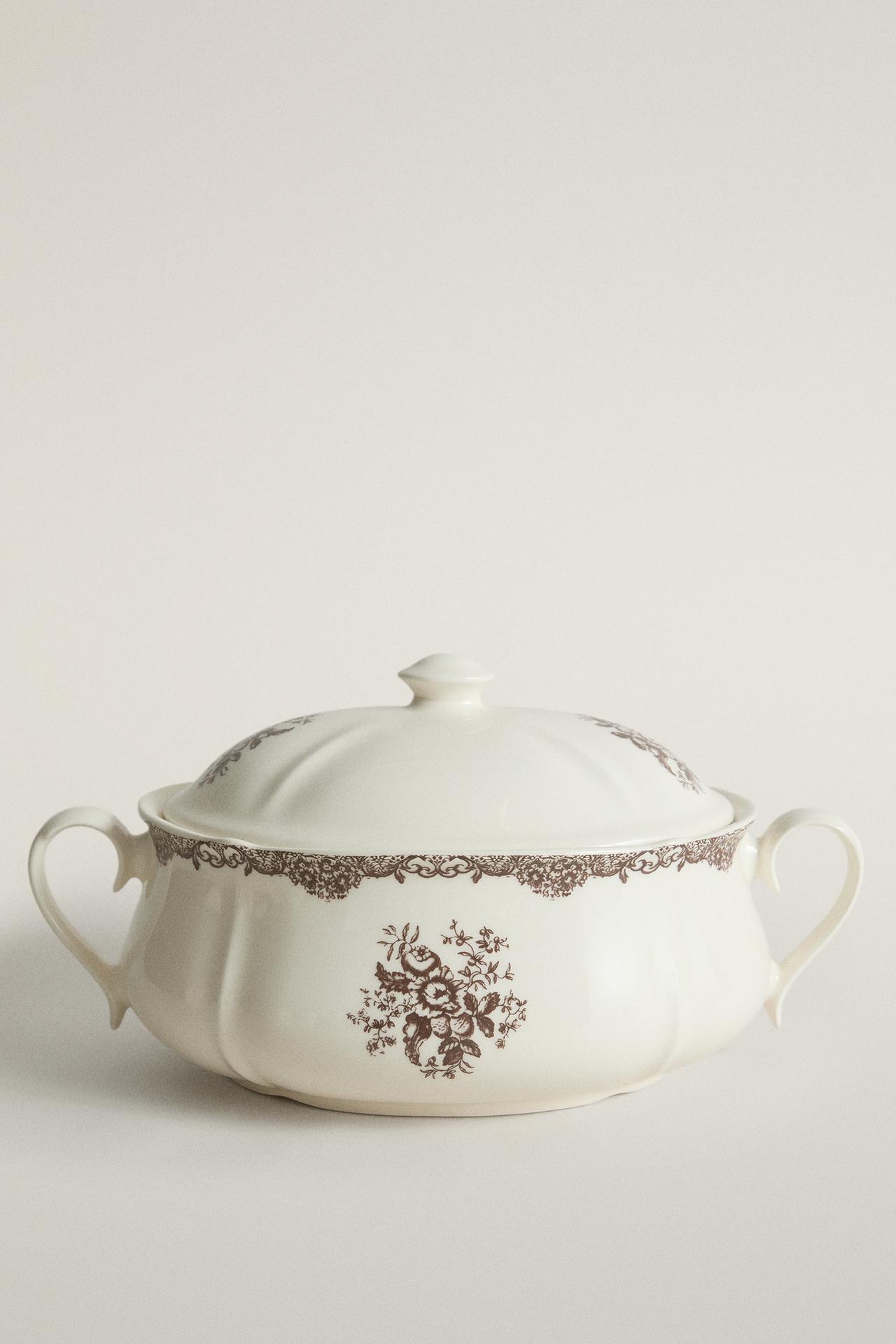 FLORAL EARTHENWARE TUREEN — Brown