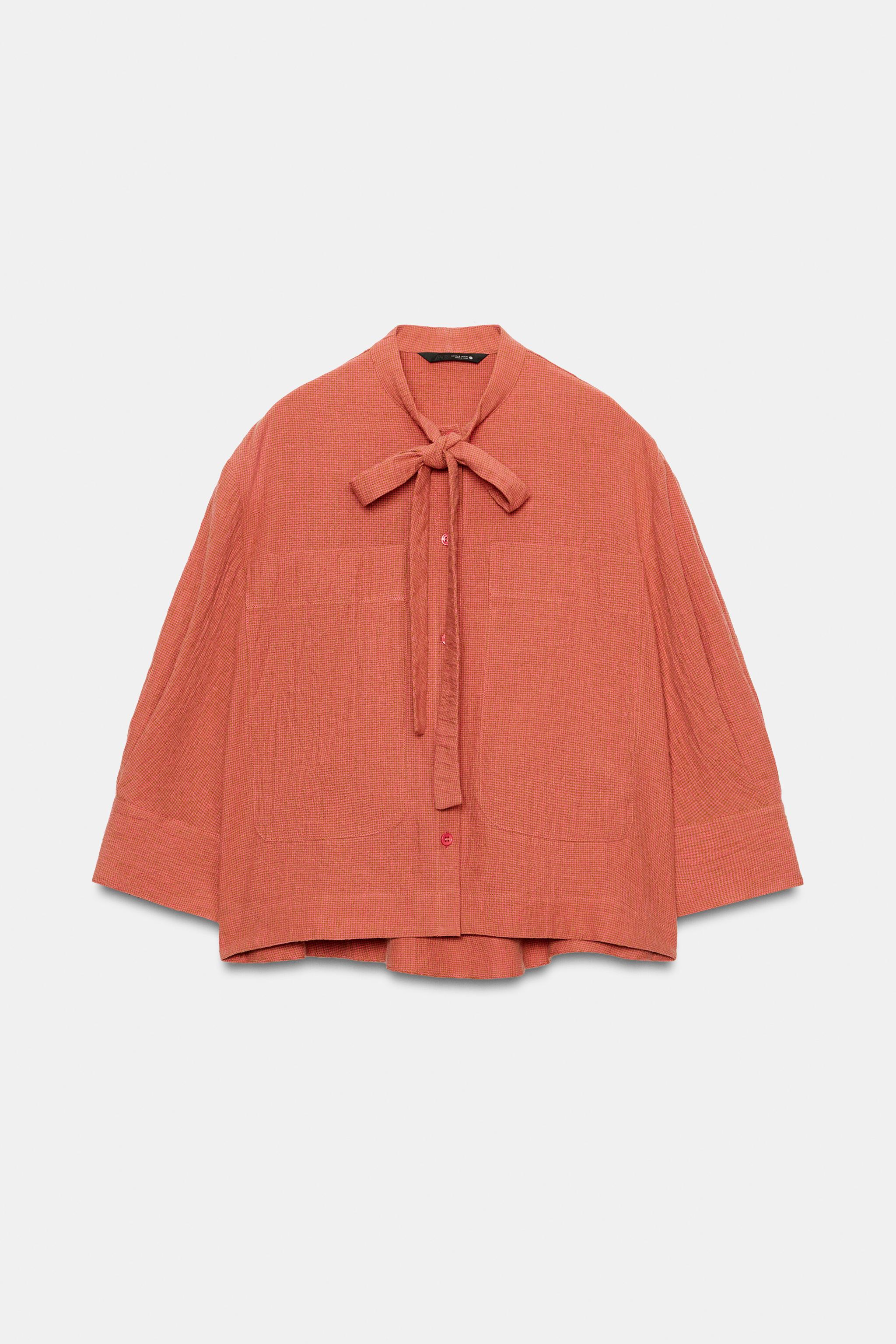 Zara ZW COLLECTION BAĞLAMALI KETEN İÇERİKLİ GÖMLEK görsel 6