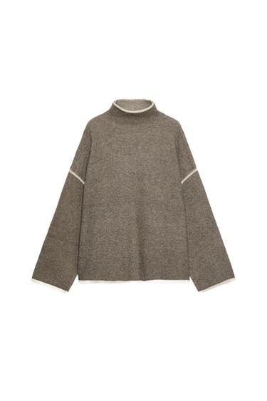 KNIT SWEATER WITH CONTRAST TRIMS - Taupe grey by Zara - Image 0