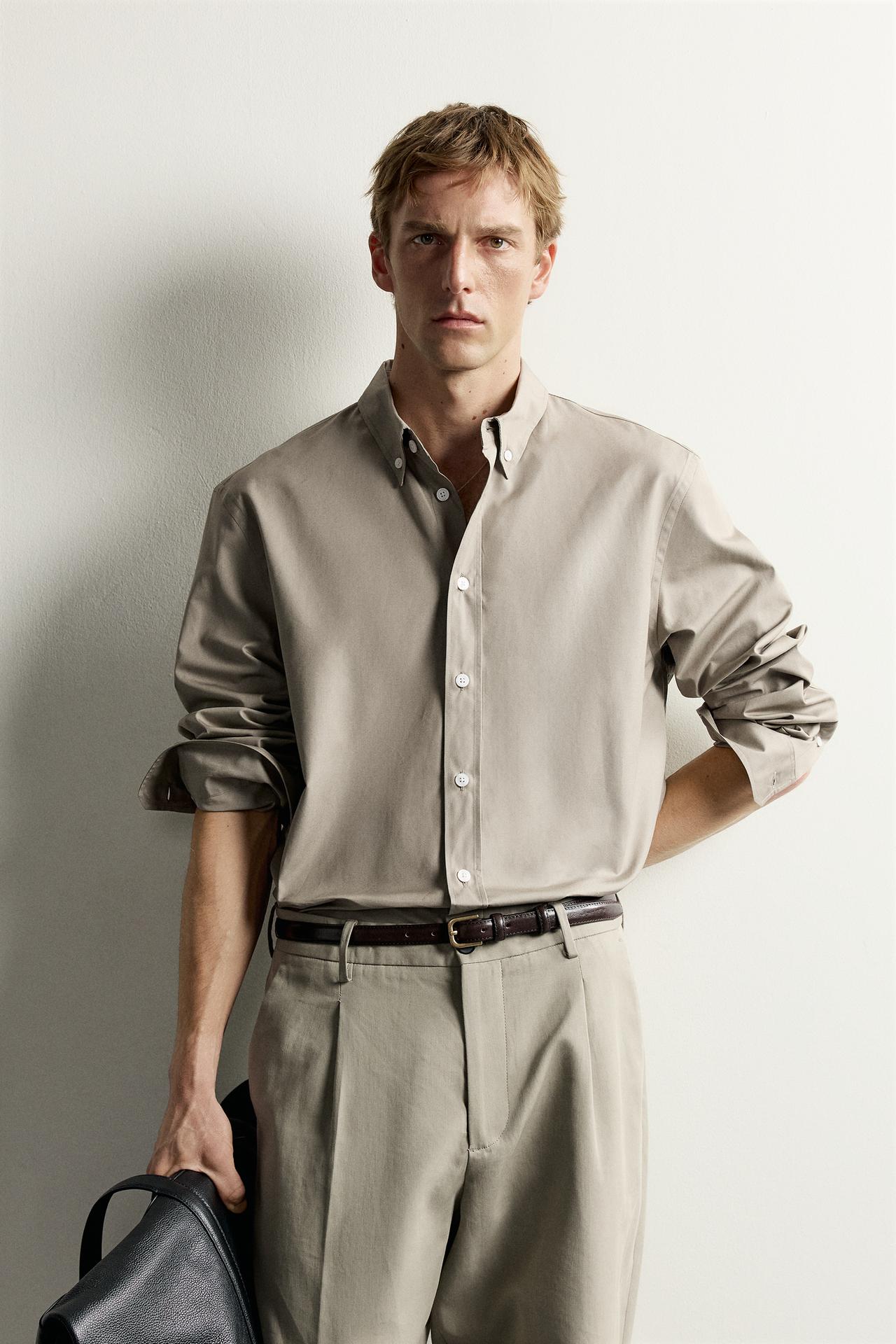 COTTON-LYOCELL REGULAR FIT SHIRT — Khaki