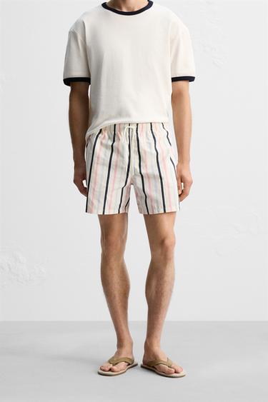 REGULAR FIT STRIPED SWIMMING TRUNKS - Ecru by Zara - Image 2