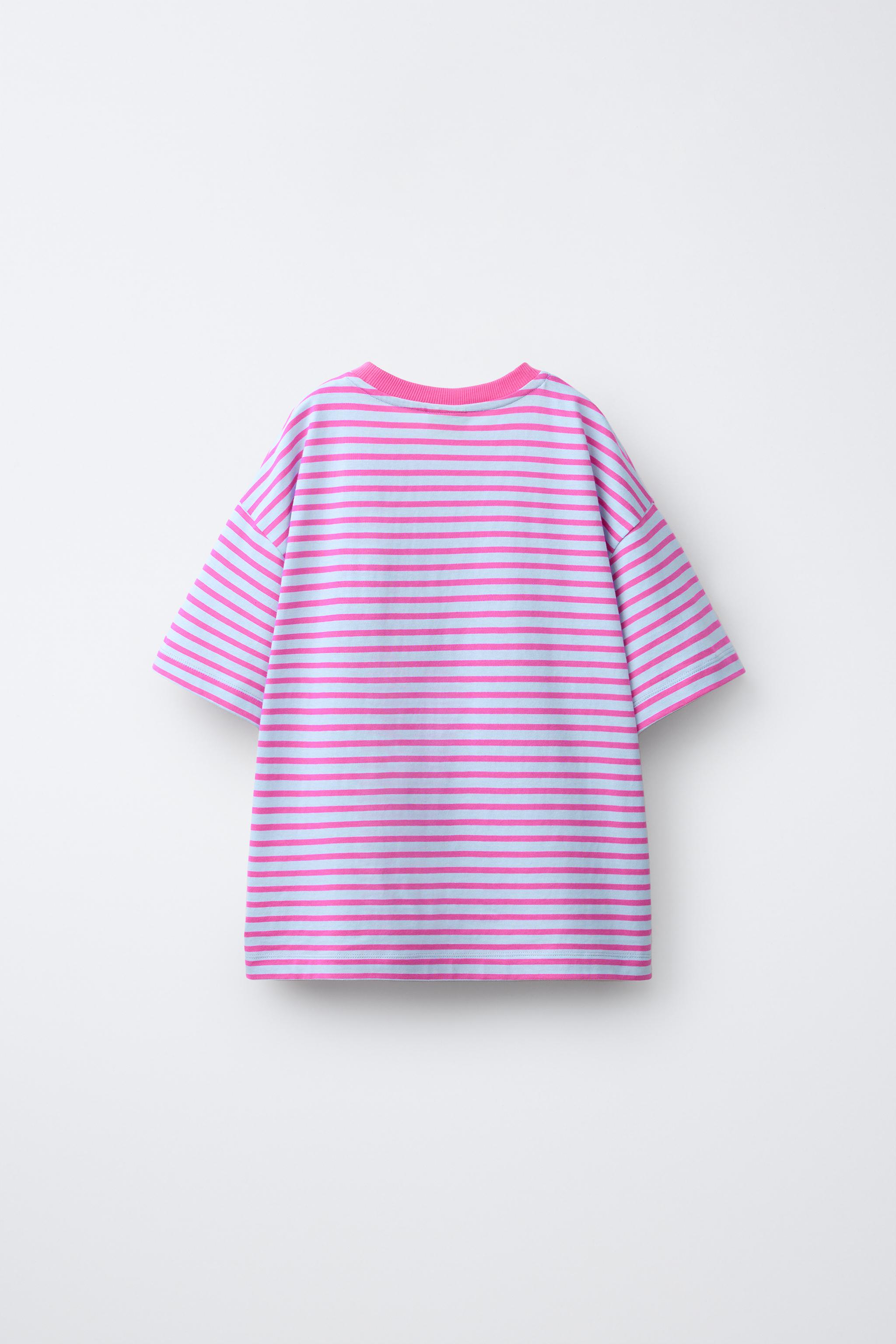 ストライプ柄刺繍Tシャツ - ピンク | ZARA Japan / 日本