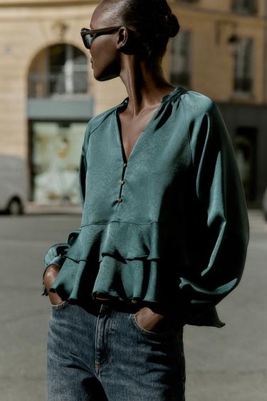 SATIN SHIRT WITH RUFFLES - Duck green by Zara