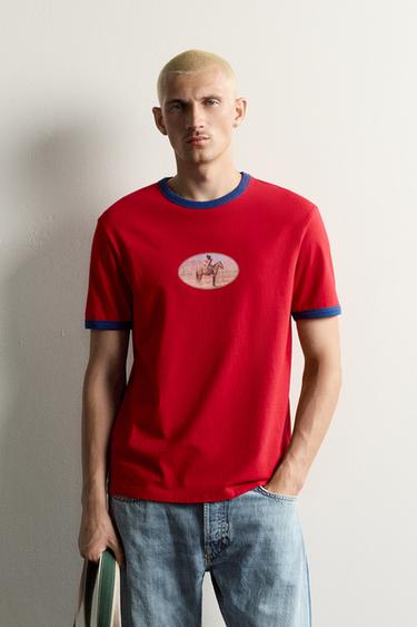 Zara HORSE CONTRAST BINDING T-SHIRT - Dark red