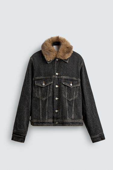 Zara FAUX FUR COLLAR DENIM JACKET - Charcoal