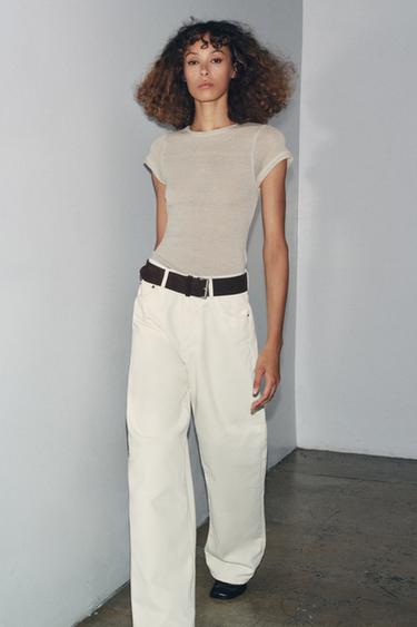 Zara WOOL SHORT SLEEVE T-SHIRT - Ecru