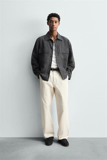 Zara PLEATED HERRINGBONE PANTS - Ecru