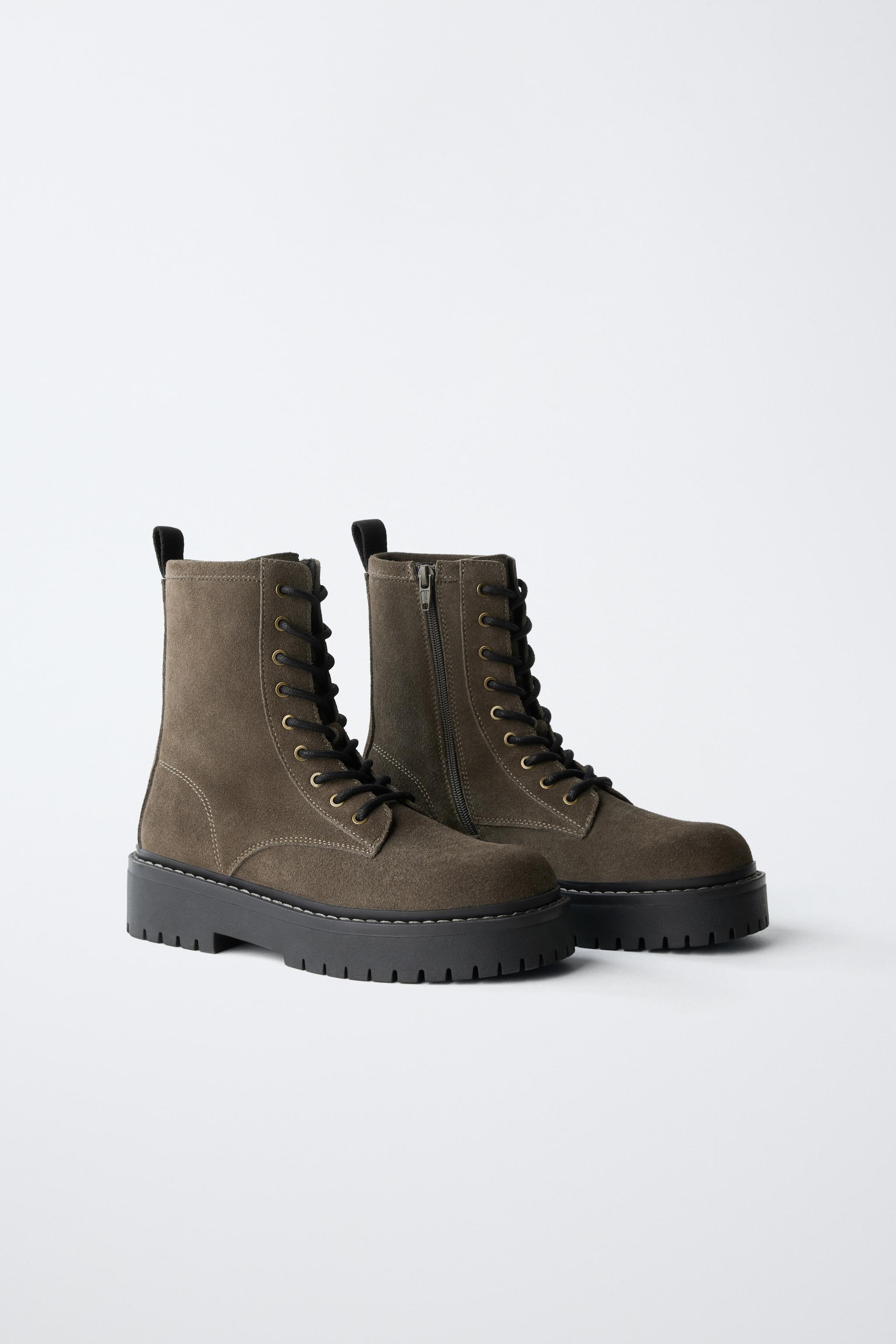 LEATHER LACE-UP BOOTS — Gray