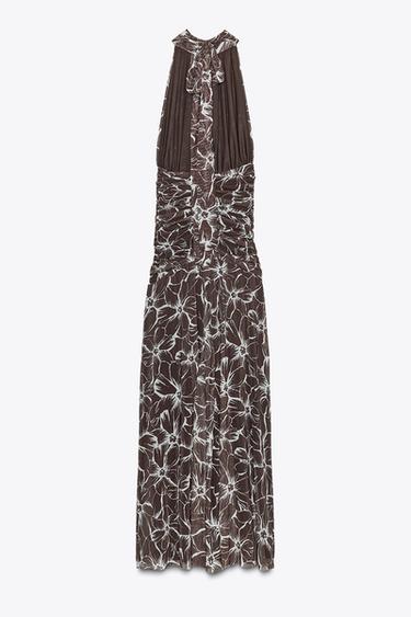 ROBE LONGUE EN TULLE IMPRIMÉ HALTER - Marron de Zara - Image 7