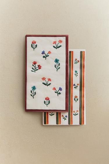 Zara SET OF FLORAL PAPER NAPKINS (SET OF 30) - Green