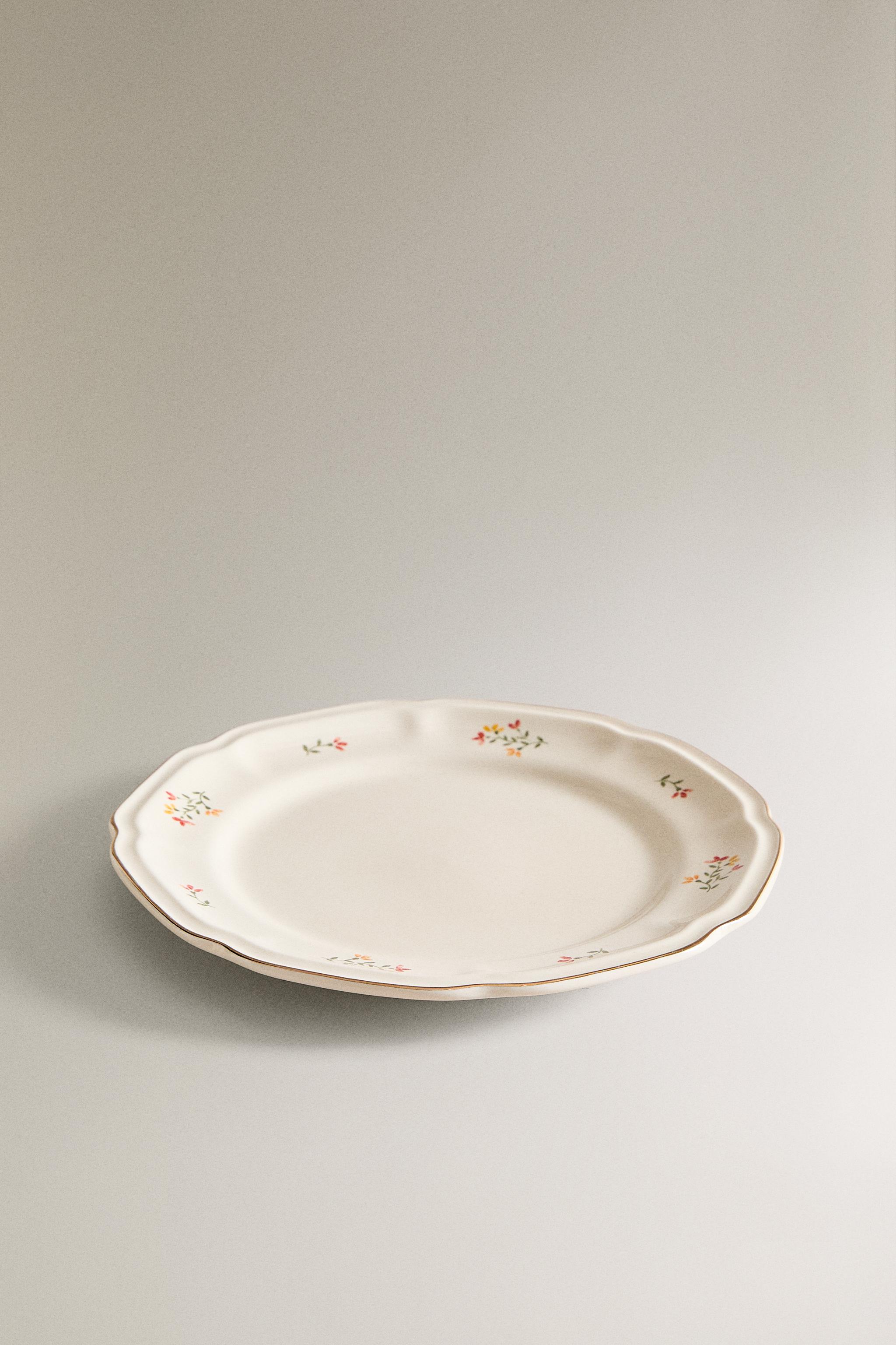 PORCELAIN DESSERT PLATE WITH FLORAL PRINT — Cream