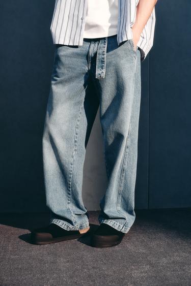 Zara RELAXED FIT 繫腰帶牛仔褲 - 中藍色