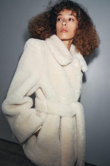 Zara ZW COLLECTION FAUX FUR BELTED COAT - Ecru
