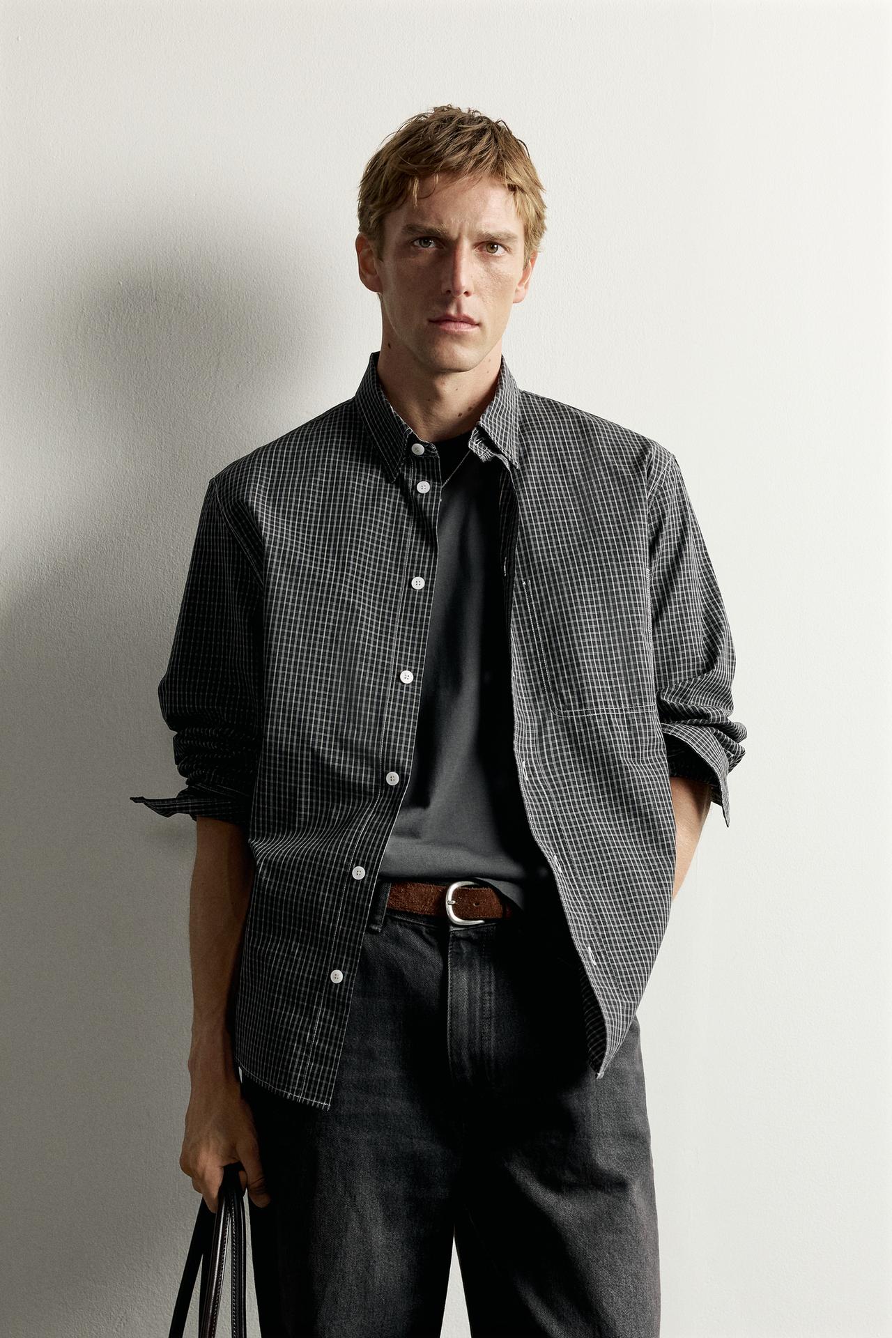 CONTRAST STITCH PLAID SHIRT — Black
