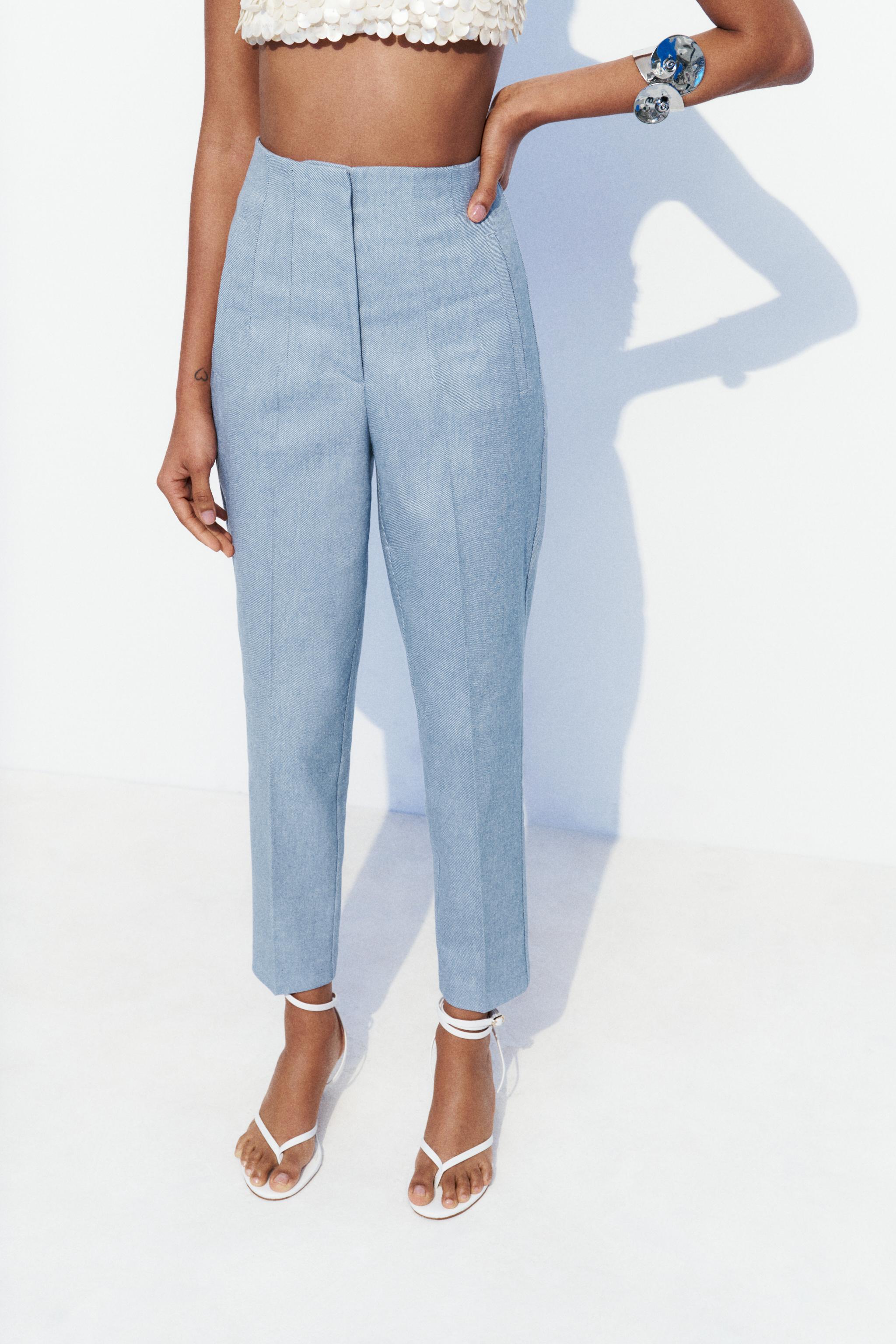 PANTS WITH A HIGH WAIST - Blue / White