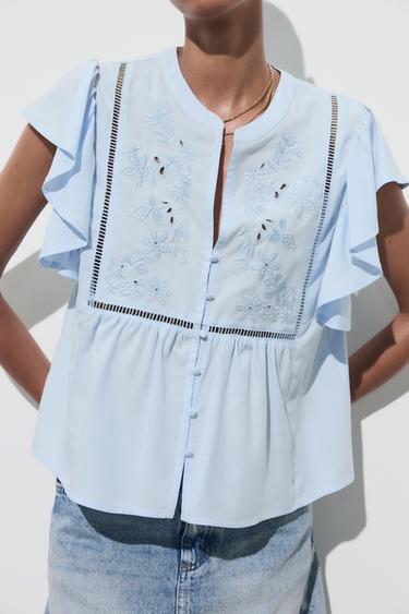CAMISA MANGA CORTA VOLANTE - Azul claro de Zara