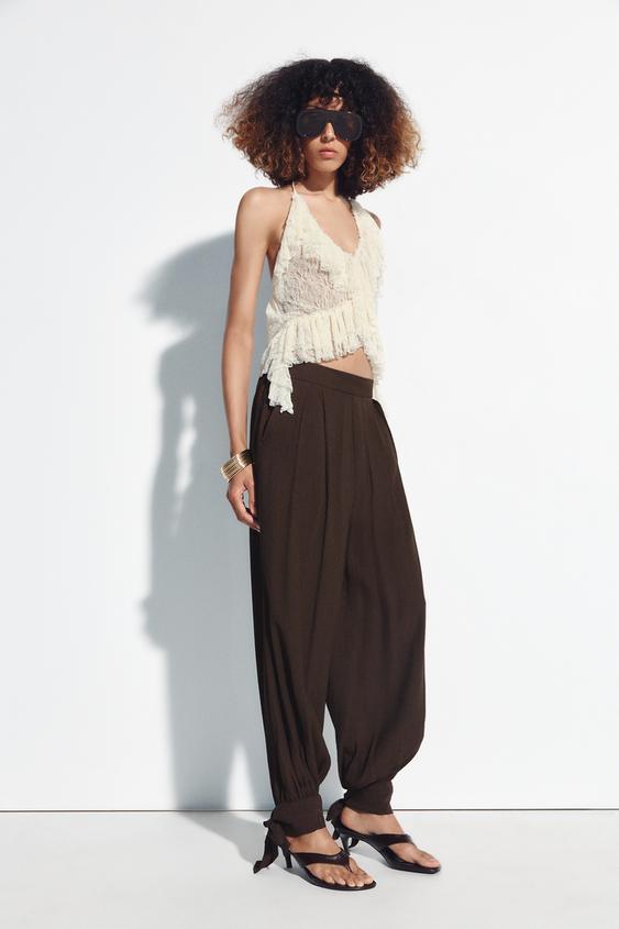 PANTALÓN BOMBACHO LAZOS - Marrón oscuro de Zara - Imagen 0