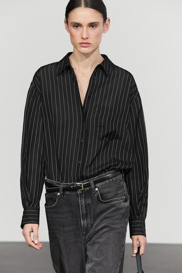 Striped flowing shirt with pocket detail — Black 2