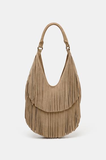 BOLSA TOTE BAG COM FRANJAS EM CROUTE - castanho da Zara