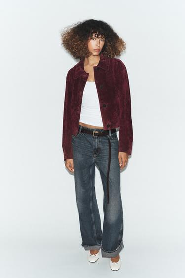 Zara 100% SUEDE LEATHER JACKET - Burgundy