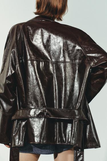 Zara FAUX LEATHER SHORT TRENCH COAT - Dark burgundy