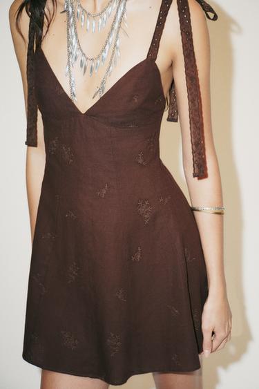SHORT EMBROIDERED DRESS - Brown by Zara