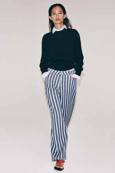 Zara ZW COLLECTION 中腰寬鬆條紋牛仔褲 - 藍色