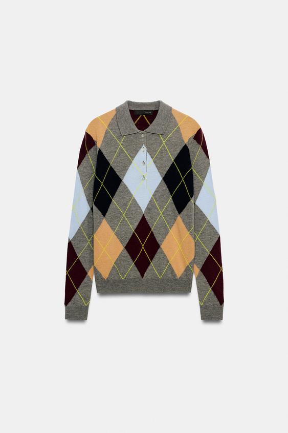 100% WOOL ARGYLE POLO JUMPER - Multicoloured by Zara - Image 3