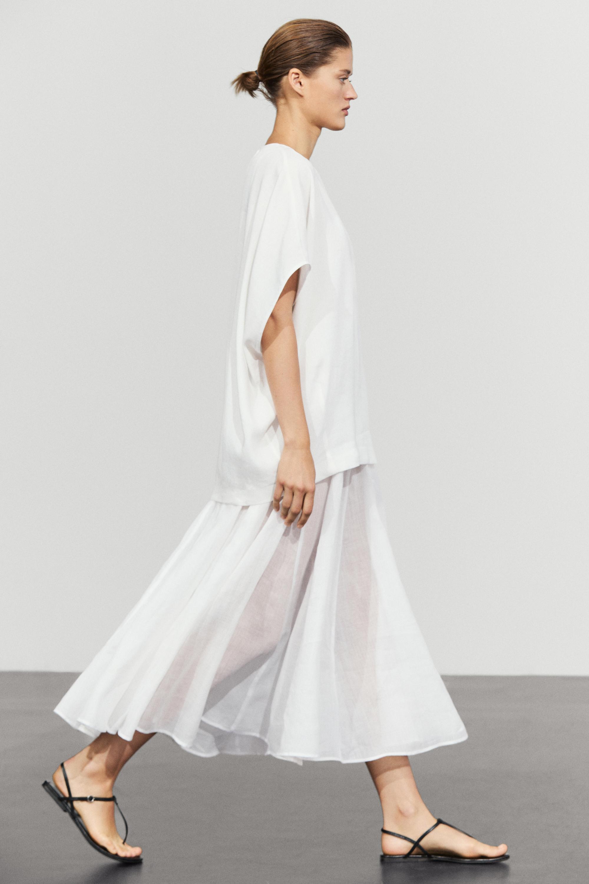 Combined linen-blend dress — White