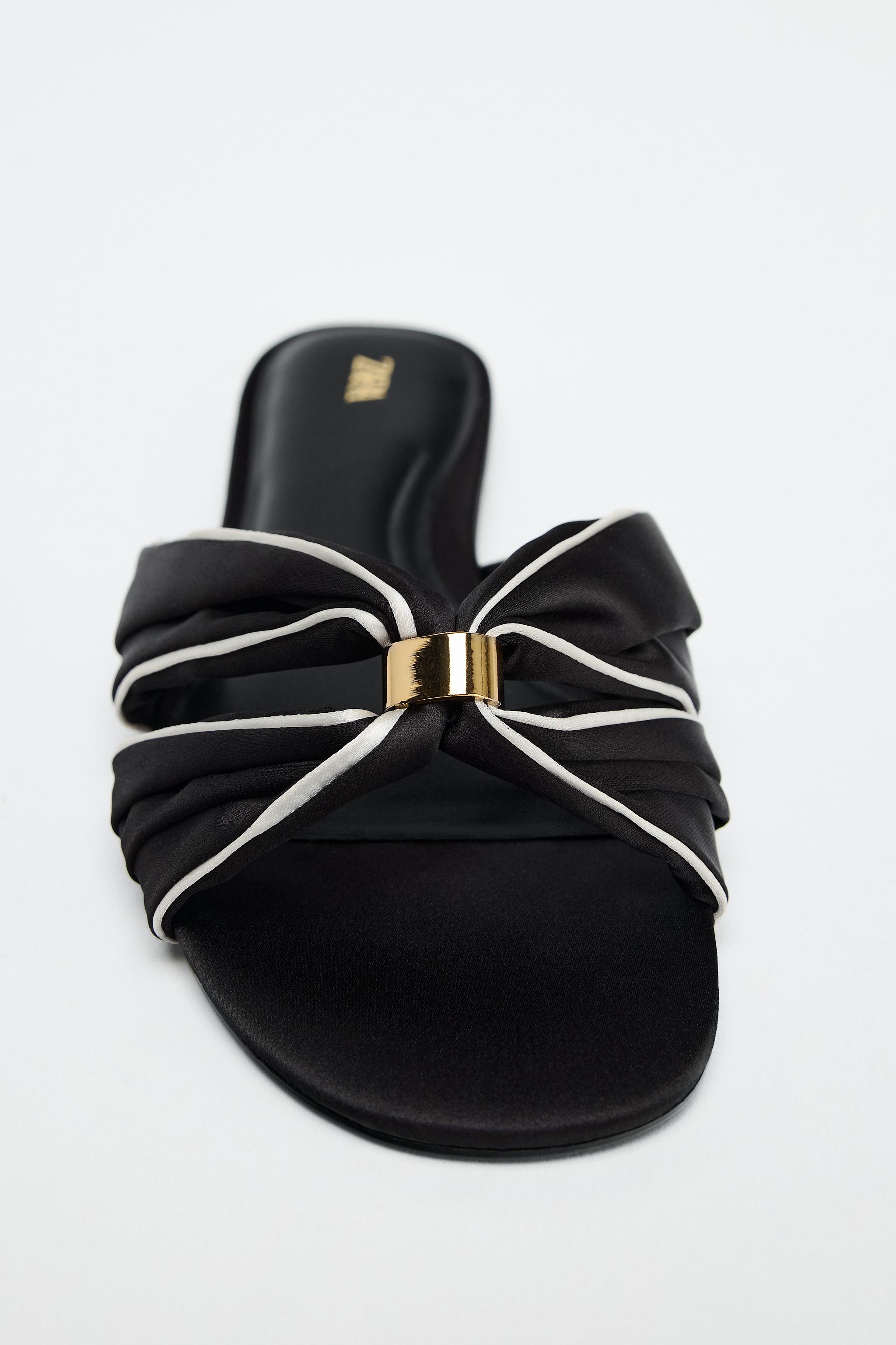 FLAT SATIN FINISH SANDALS WITH METALLIC PIECE - Black | ZARA