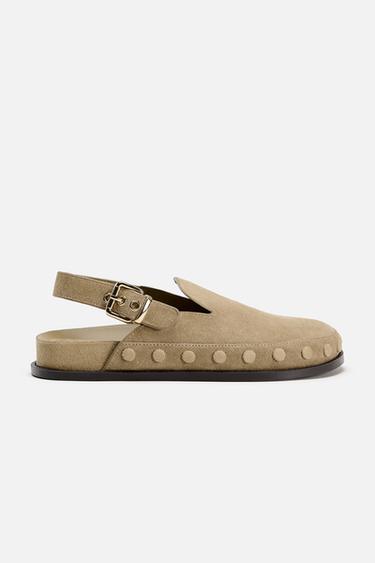 SPLIT SUEDE STUDDED CLOGS - Brown by Zara