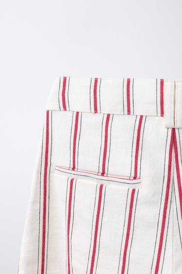 PANTALON BARREL À RAYURES AVEC COTON ET LIN - Écru / Rouge de Zara - Image 3