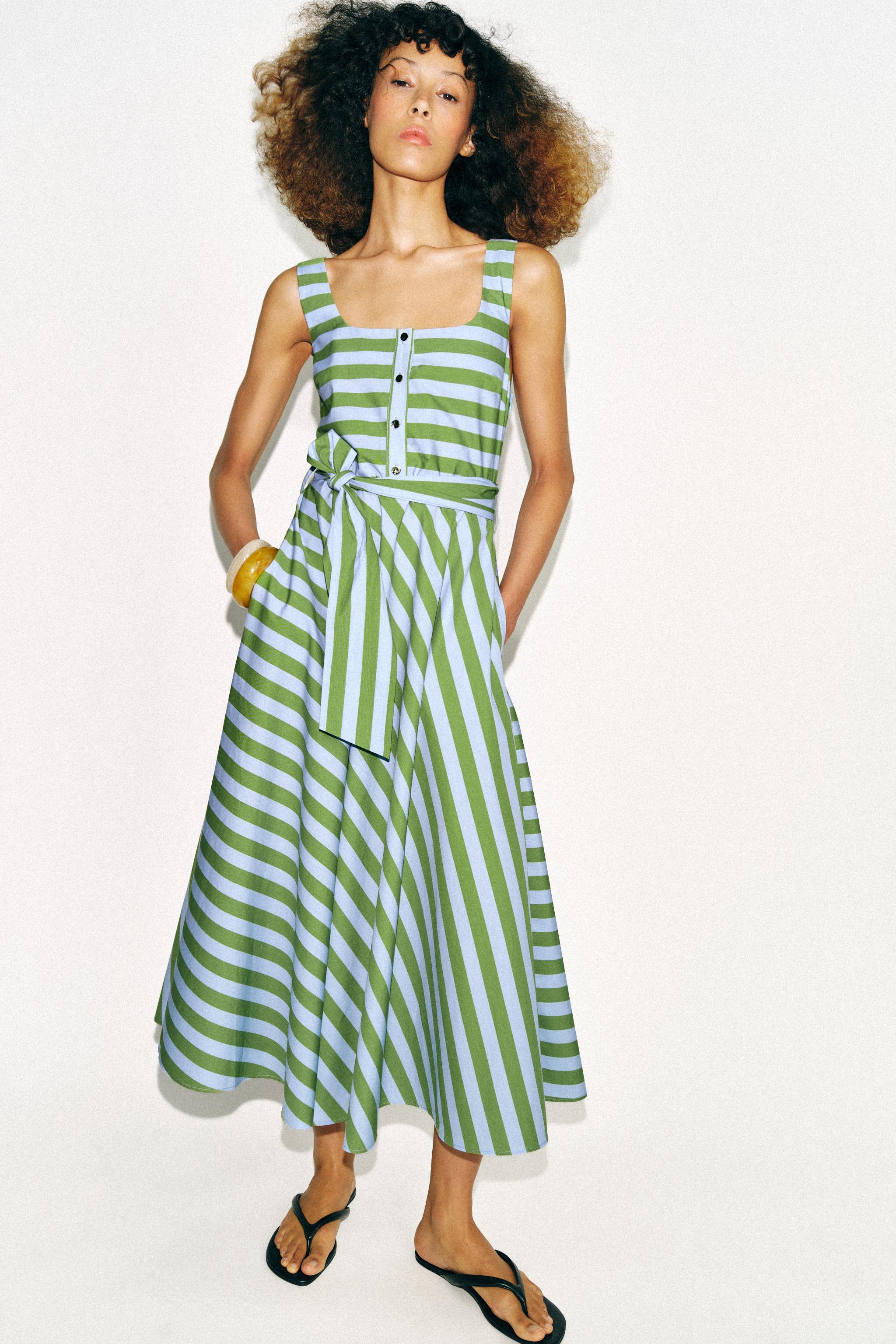 STRIPED BELTED MIDI DRESS