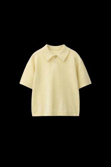 Zara KNIT COTTON LINEN POLO SHIRT - Lemon yellow