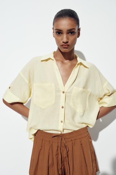 CHEMISE COURTE EN LIN - Jaune de Zara - Image 1