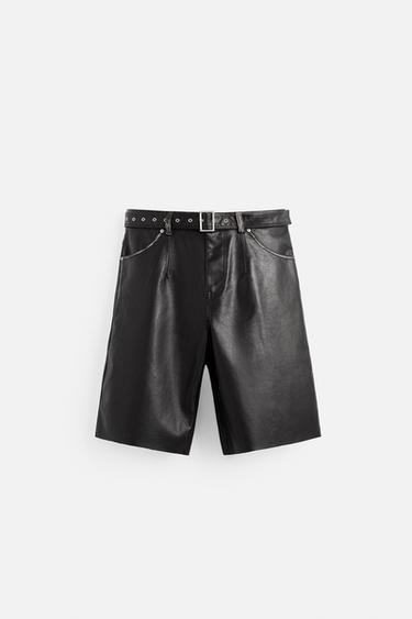 Zara FAUX LEATHER BELTED SHORTS - Black / Brown - Image 0