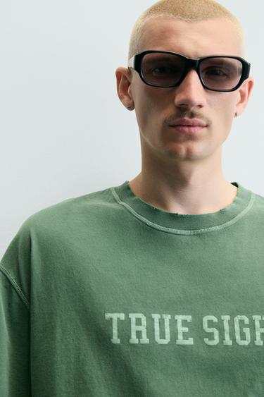 T-SHIRT COUPE BOXY DÉLAVÉ À IMPRIMÉS GRAPHIQUES - Vert de Zara - Image 5