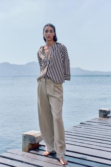 РИЗА С ШИРОК РЪКАВ И ПРИМЕС НА ЛЕН - Кафяв/бял от Zara – Изображение 0