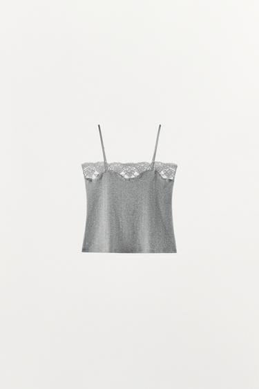 TOP EN MAILLE POINTELLE ET DENTELLE - Gris chiné de Zara - Image 7