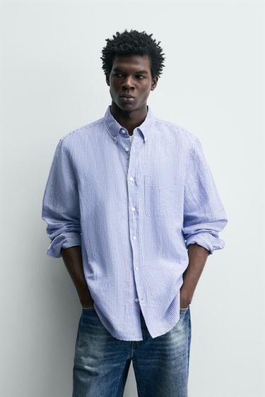 CAMISA REGULAR FIT LINO - ALGODÓN - Blanco / Celeste de Zara