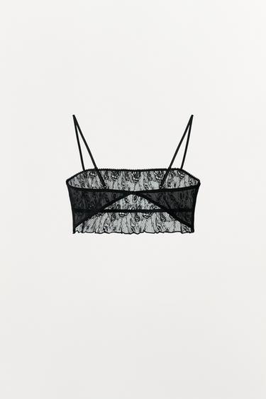 PLEATED LACE BRALETTE WITH EMBROIDERED FLOWERS - Black by Zara - Image 4
