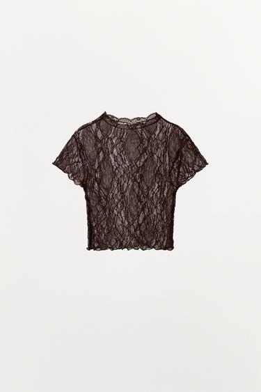 TOP COURT EN DENTELLE - Marron foncé de Zara - Image 2