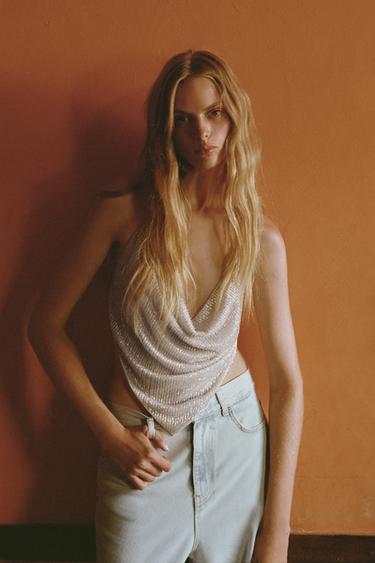 TOP CROPPED DRAPEADO COM BRILHO - Cinza-pérola da Zara