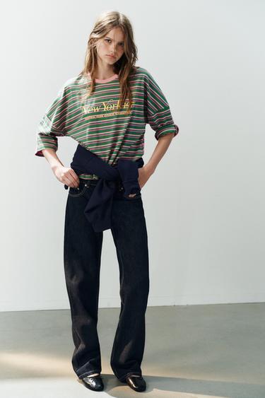 STRIPED OVERSIZE T-SHIRT WITH TEXT - Green by Zara